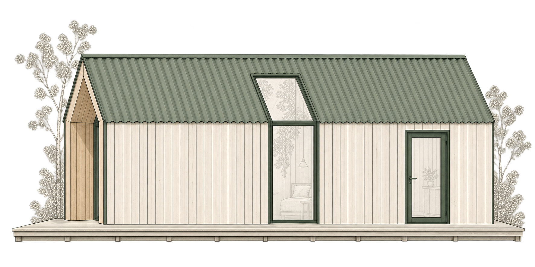 Conceptueel zijaanzicht van het Gastenhuis met gevel-dakraam en zijdeur